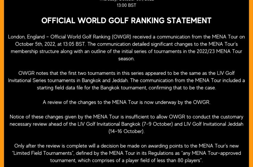  OWGR: No Ranking Points for LIV Bangkok, Jeddah